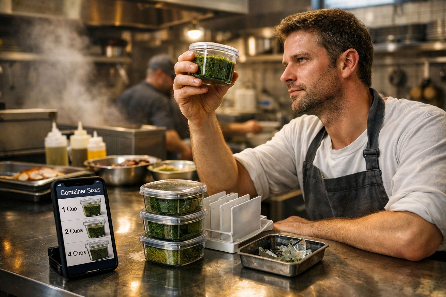 Cozinheiro examina recipiente de ervas na cozinha com frascos empilhados e tablet exibindo tamanhos de recipientes.
