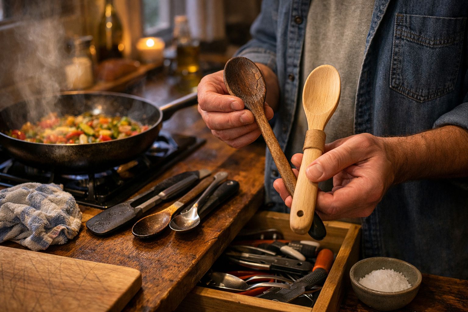 Pessoa cozinha legumes numa frigideira numa cozinha moderna, fumegando. Utensílios estão ao lado.