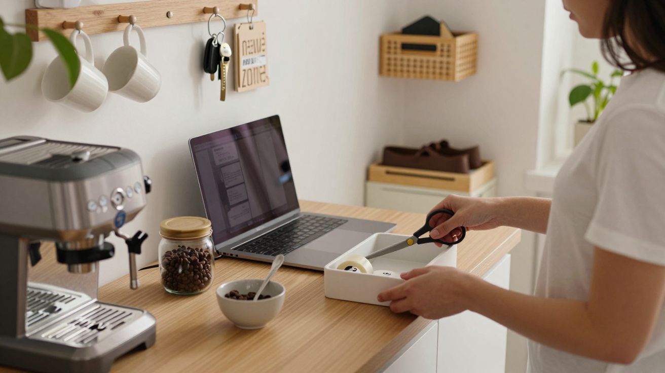 Pessoa ao lado de máquina de café e portátil numa cozinha.
