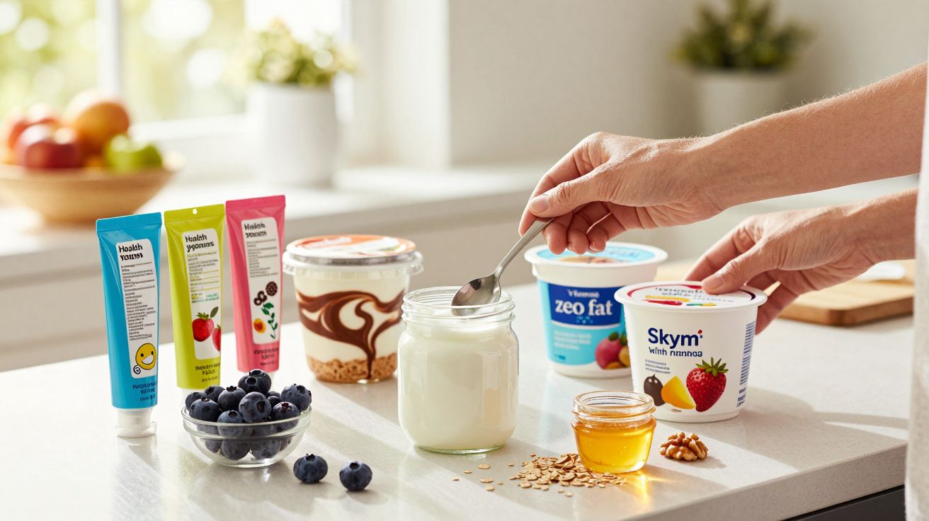 Mãos seguram iogurte em cima de uma bancada com potes de iogurte, mel, flocos de aveia e mirtilos à volta.