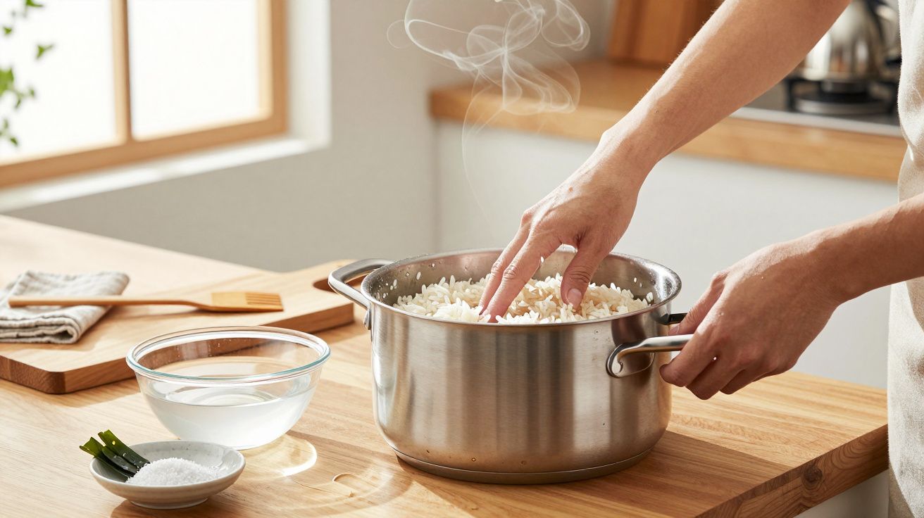 Pessoa a mexer arroz cozido numa panela de inox sobre bancada de madeira numa cozinha iluminada.