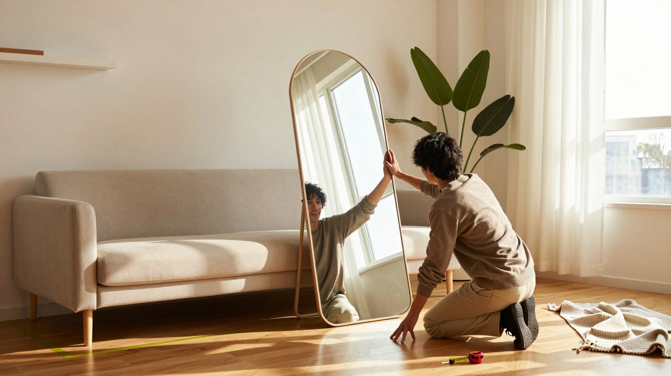 Pessoa ajusta espelho oval no chão de sala iluminada, com sofá bege e planta ao fundo.