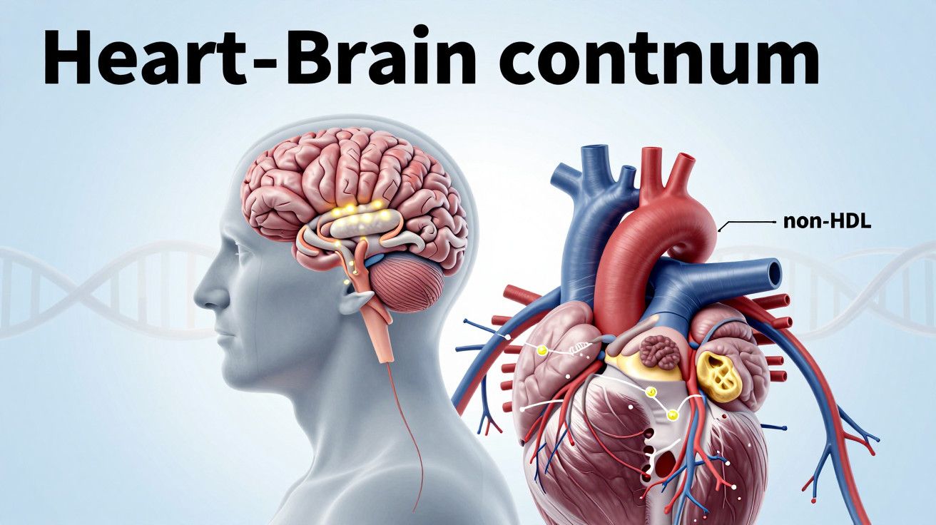 Ilustração do cérebro e coração em corte transversal com o texto "Heart-Brain continuun" no topo.