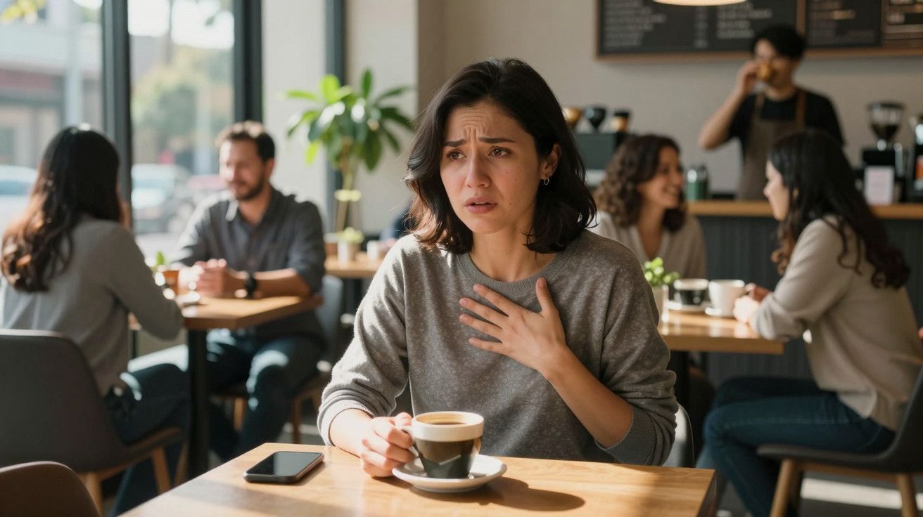 Mulher sentada num café, com expressão preocupada, mão no peito, chávena de café e telemóvel na mesa.
