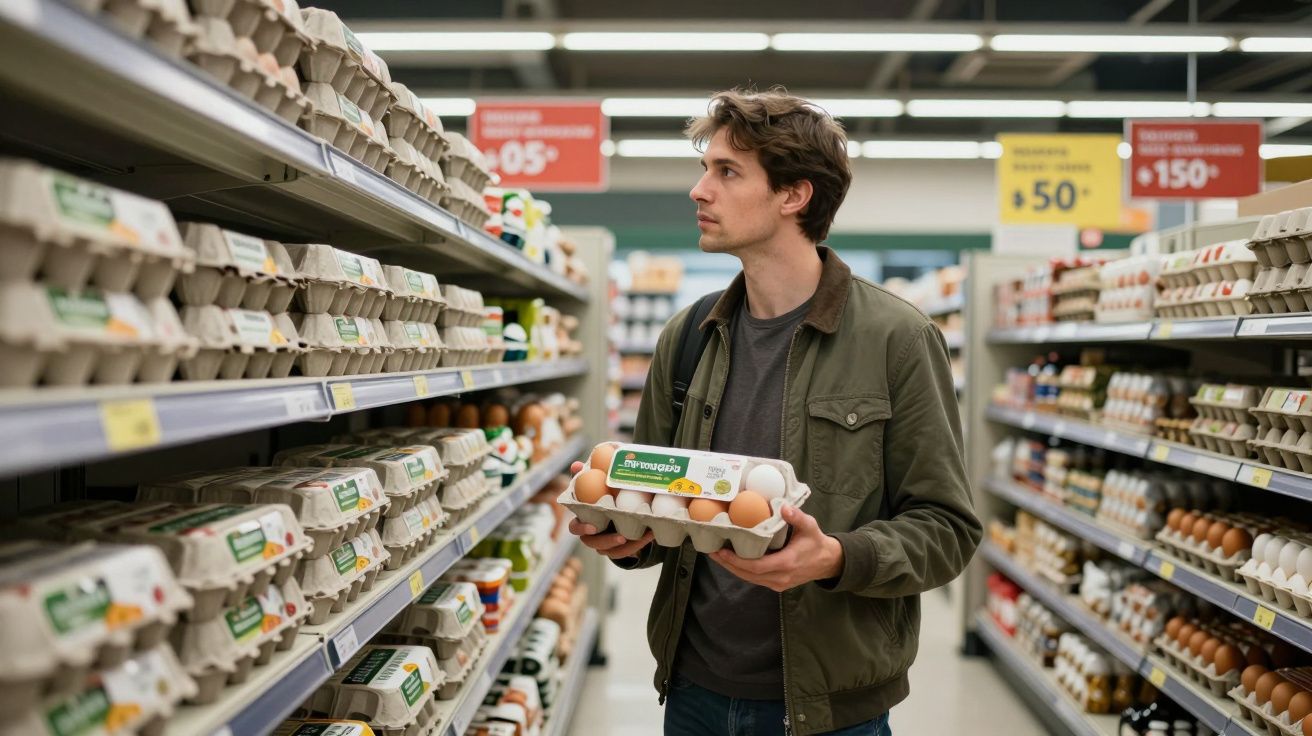 Homem numa mercearia a segurar uma caixa de ovos enquanto olha para as prateleiras de produtos alimentares.