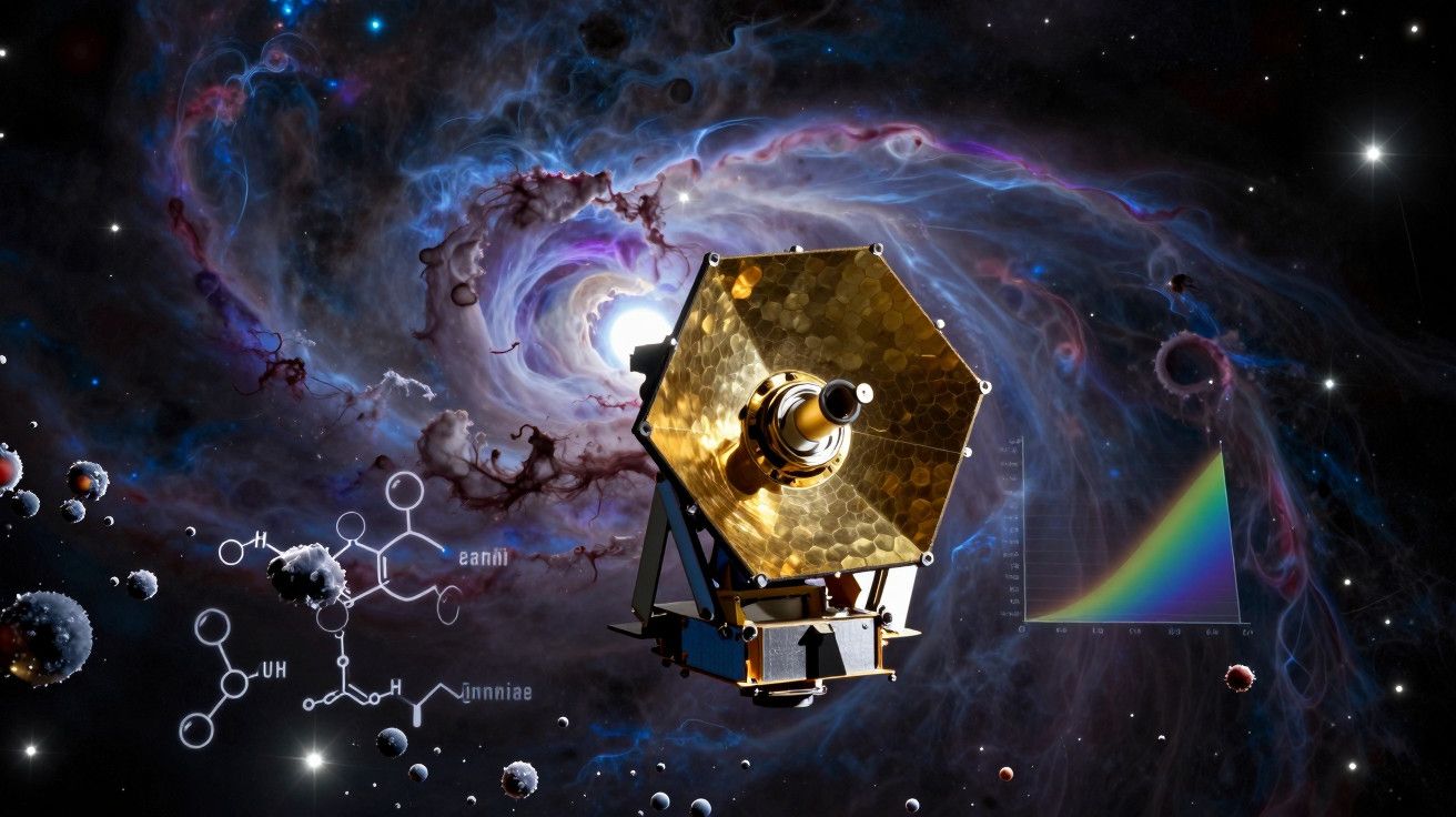 Telescópio espacial dourado em frente a nebulosa colorida com fórmulas químicas e gráfico espectral à direita.