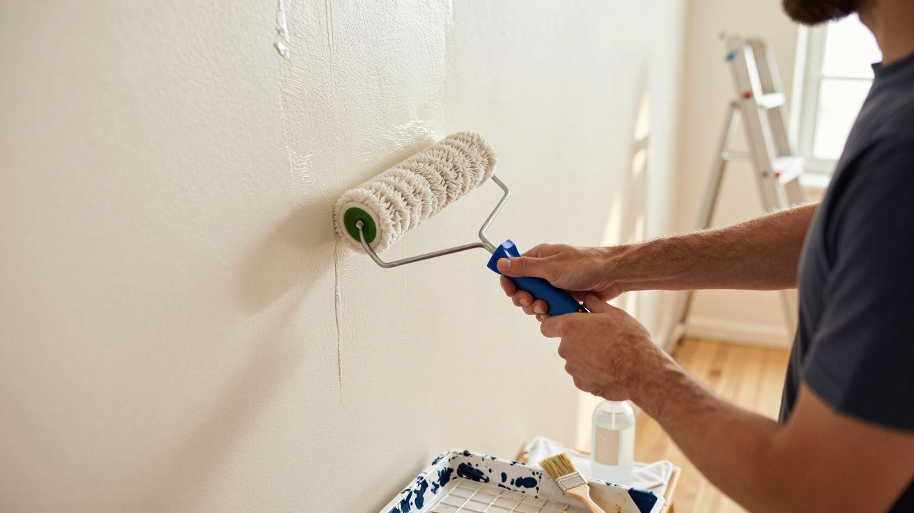 Pessoa a pintar parede branca com rolo, com tabuleiro de tinta e escada ao fundo.