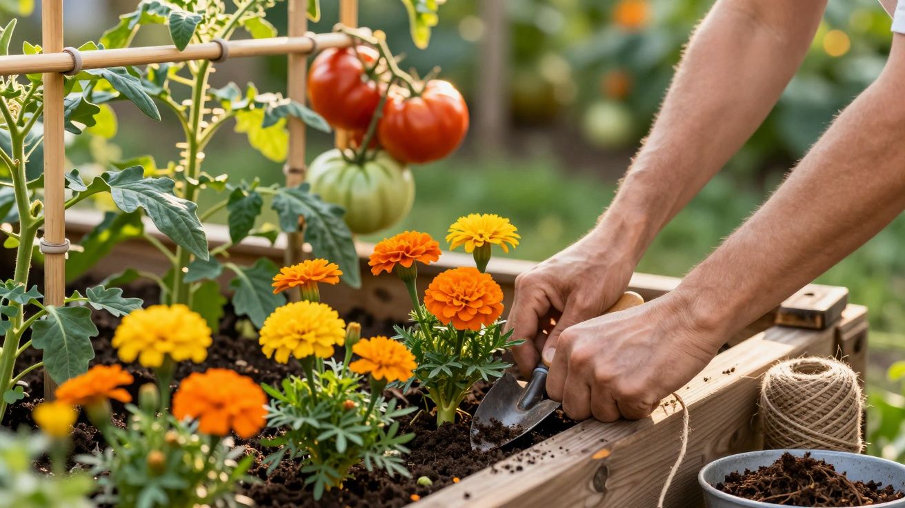 Mãos a plantar flores de calêndula num canteiro, com tomates maduros ao fundo.
