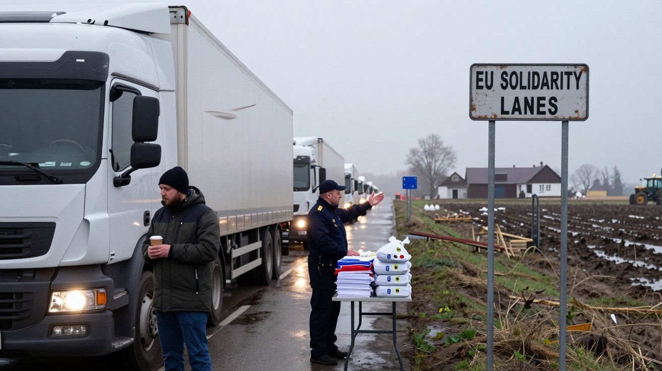 Camionistas parados numa estrada ao lado de uma placa "EU Solidarity Lanes", com pessoa em pé ao lado de uma mesa.