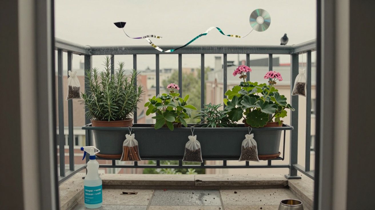 Plantas e flores num vaso suspenso em varanda, rodeadas por fitas e objetos pendurados em sacos.