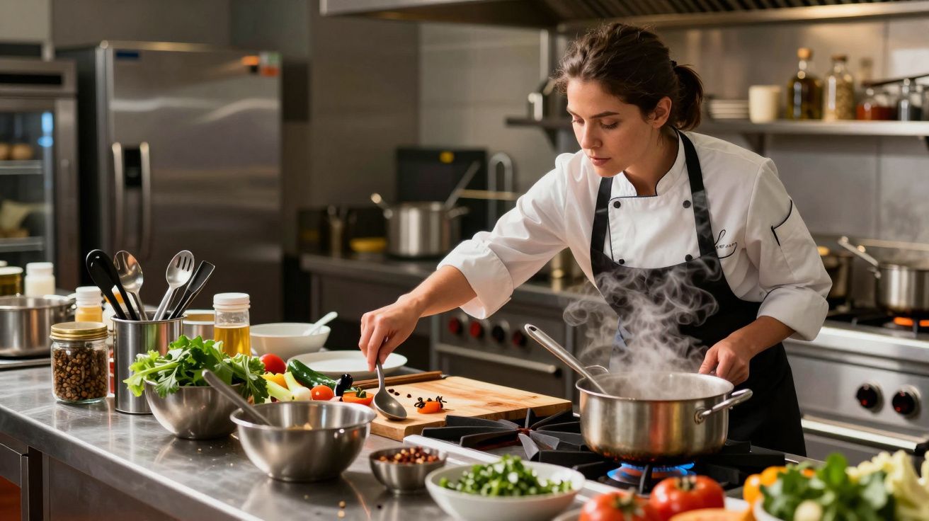 Chef a cozinhar numa cozinha profissional, mexendo uma panela fumegante rodeada por ingredientes frescos numa bancada.