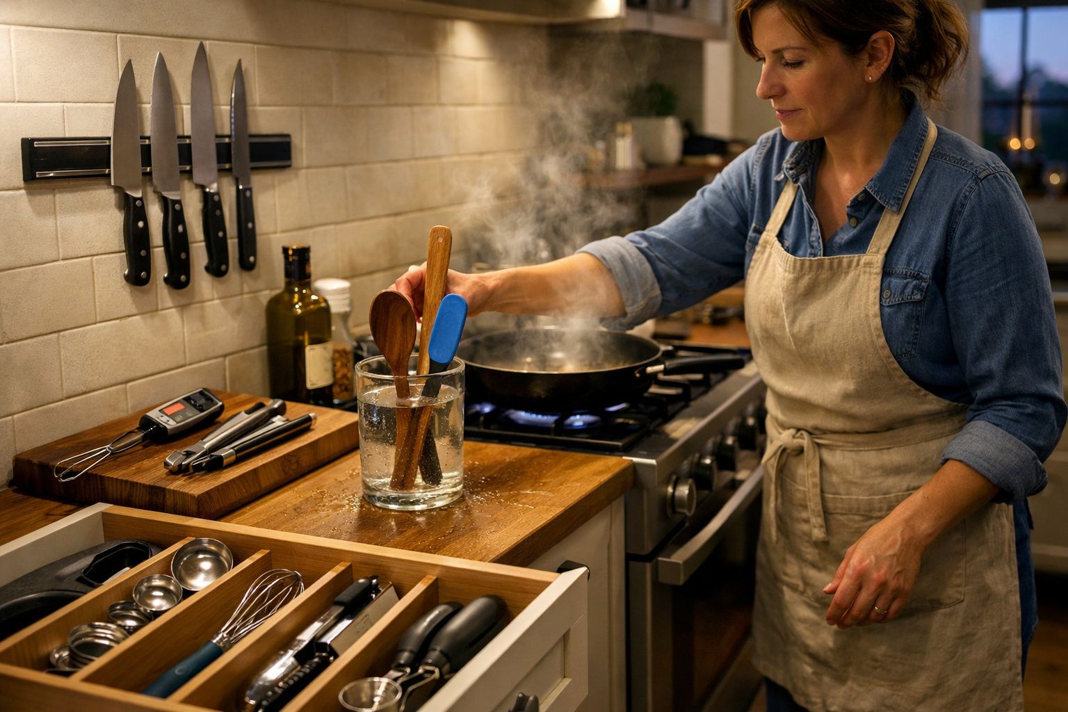 Pessoa cozinha numa bancada de madeira com facas e utensílios ao lado. Panela a fumegar no fogão.