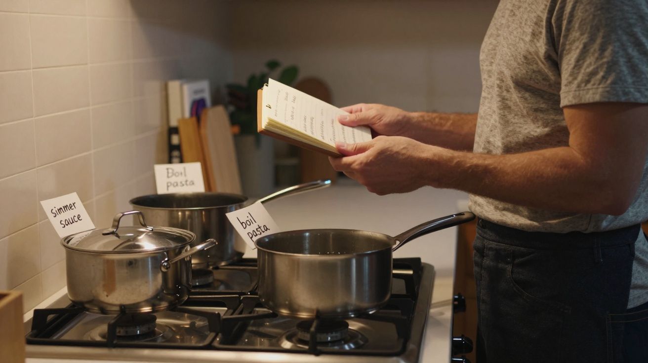 Homem cozinha usando livro de receitas, com três panelas etiquetadas no fogão.