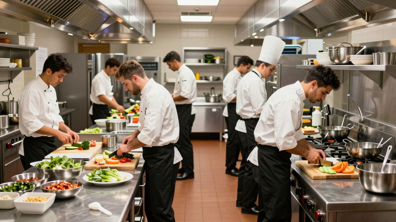 Cozinheiros numa cozinha profissional a preparar diversos pratos com ingredientes frescos em diferentes bancadas.