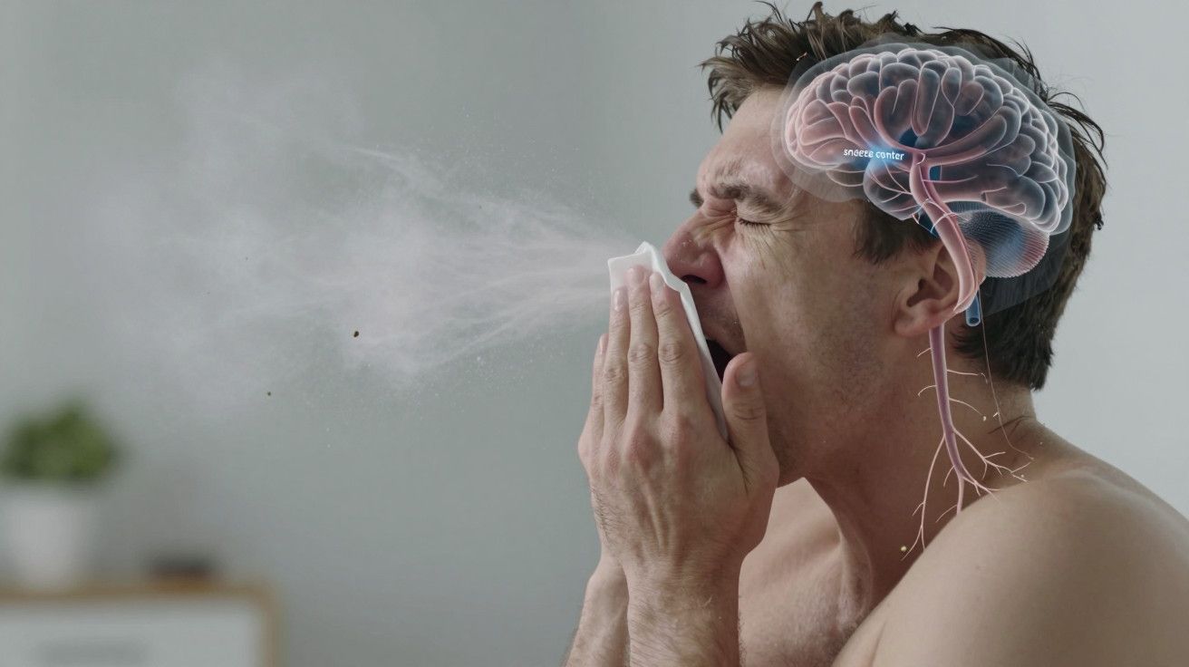 Homem a espirrar num lenço com imagem sobreposta do cérebro e sistema nervoso.