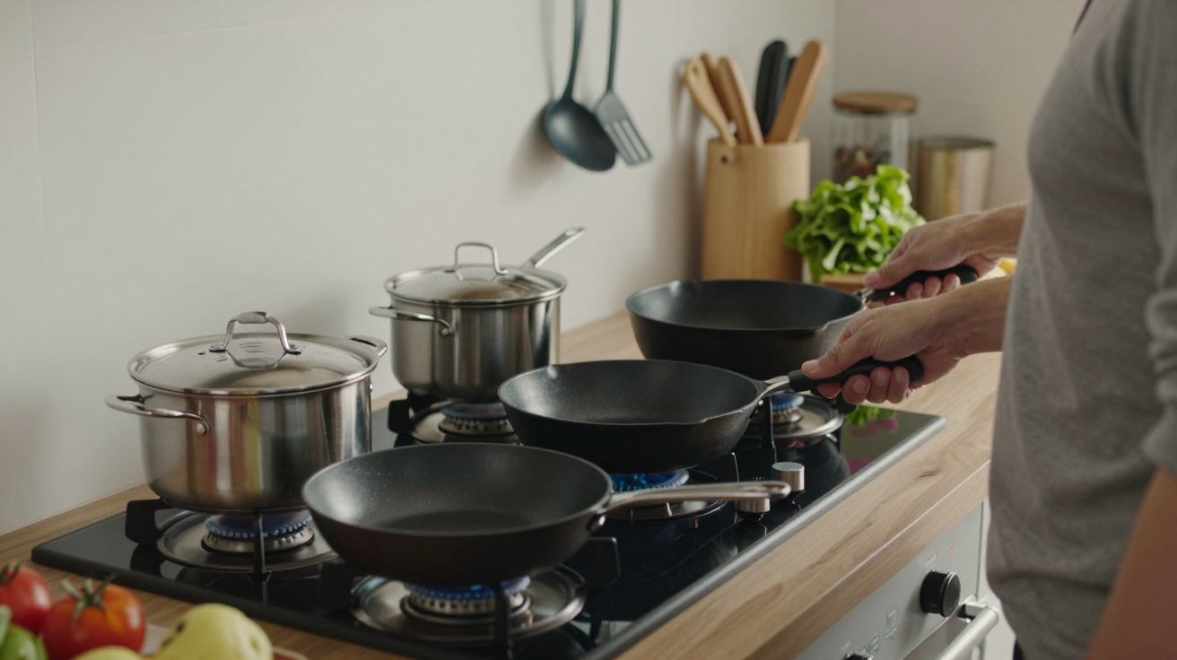 Pessoa a cozinhar numa cozinha moderna com panelas e frigideiras em fogão a gás.