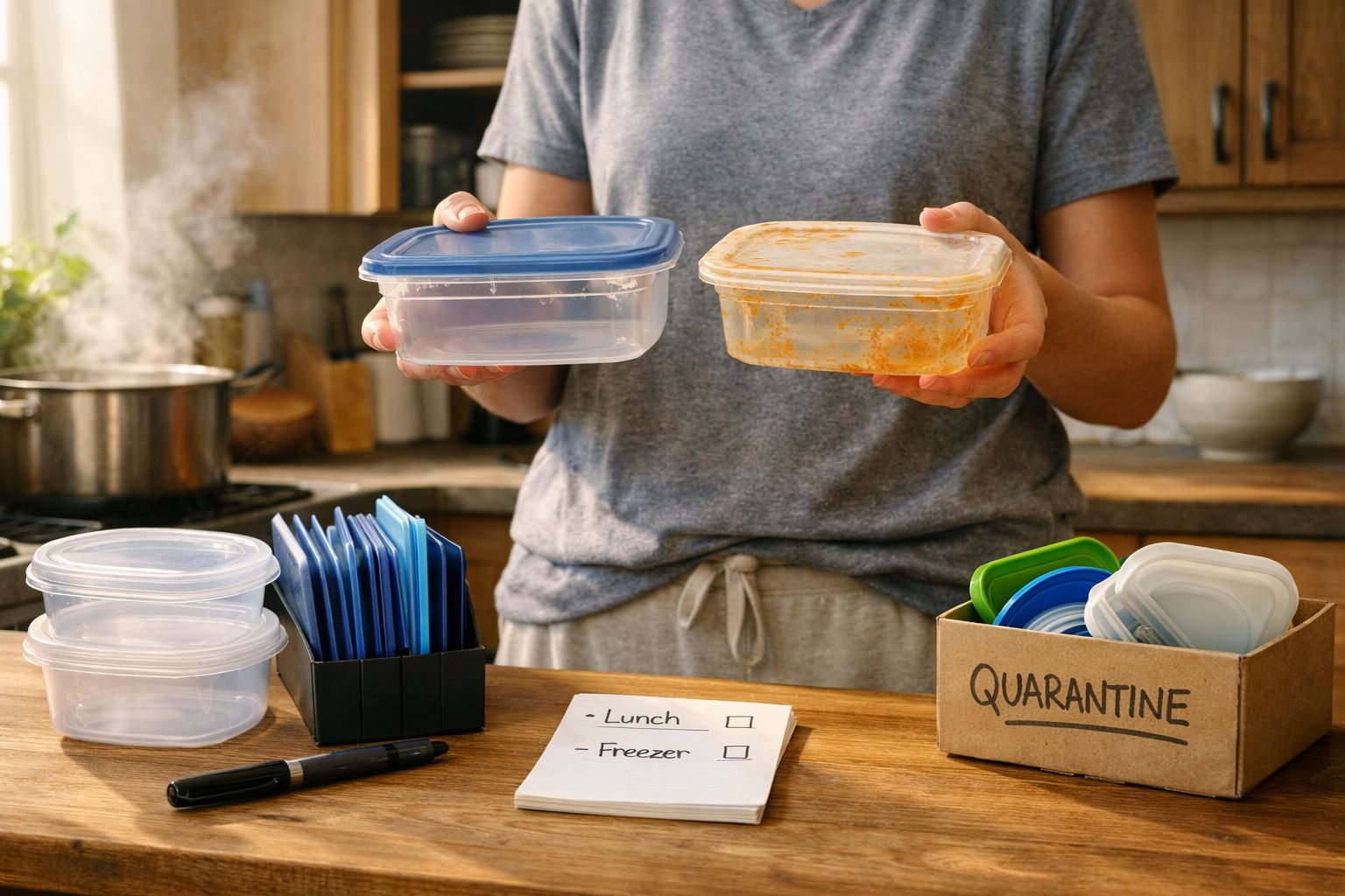Pessoa segura caixas de plástico com comida, na cozinha, com uma panela ao fundo e papel na bancada.