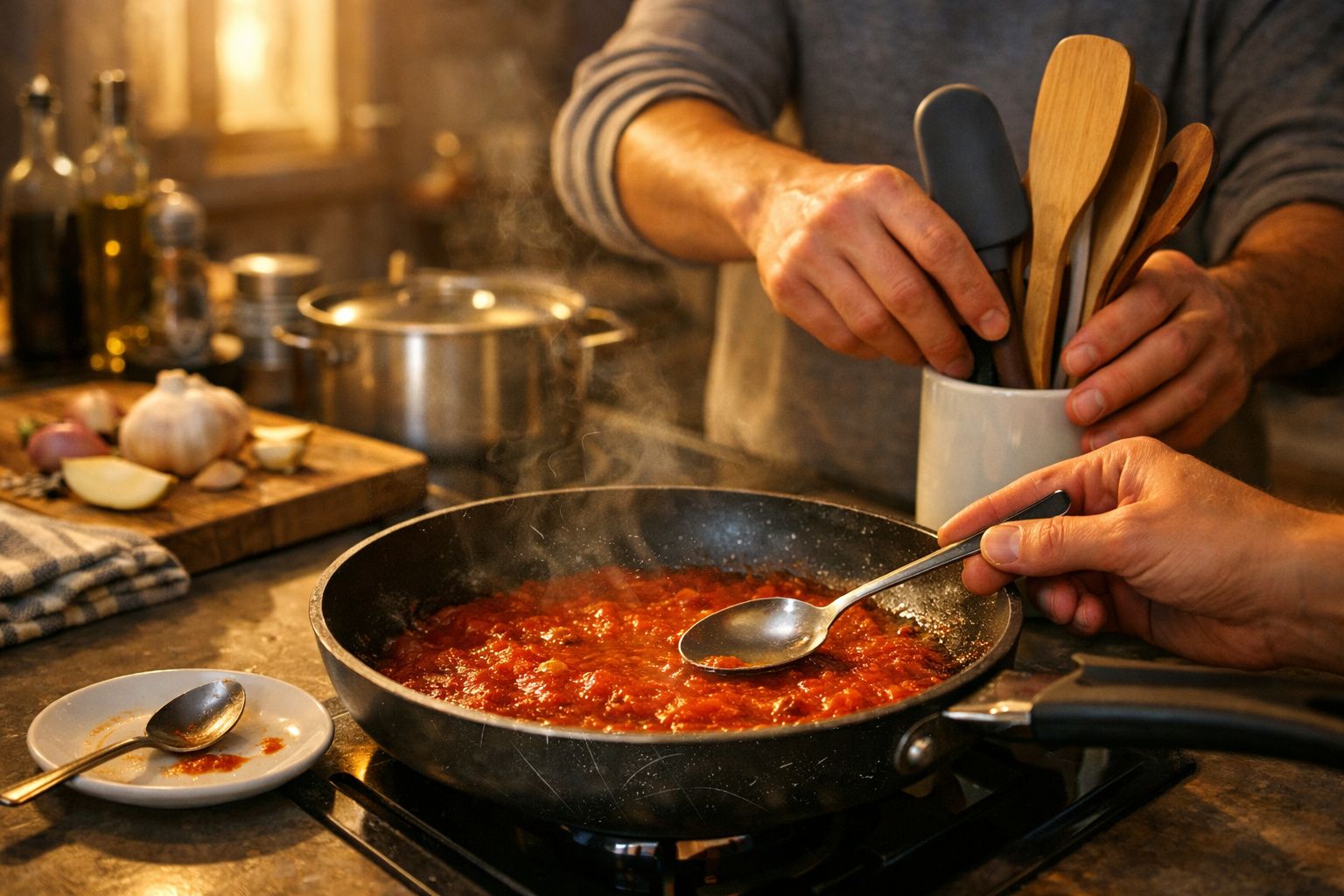Pessoa a cozinhar molho de tomate numa frigideira ao lume, numa cozinha bem iluminada.