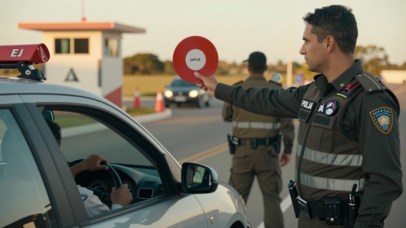 Policial rodoviário sinaliza para carro parar em posto de controlo de estrada durante o dia.