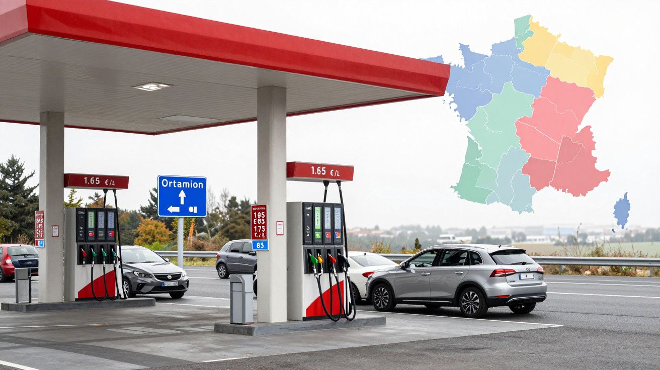 Bombas de gasolina numa estação de serviço à beira de estrada, carros parados e um mapa colorido da França ao fundo.