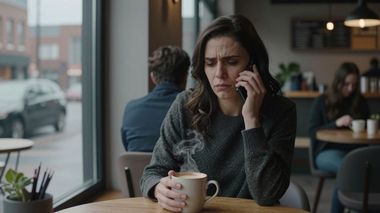 Mulher com expressão preocupada ao telefone, segurando uma chávena de café fumegante numa cafetaria.