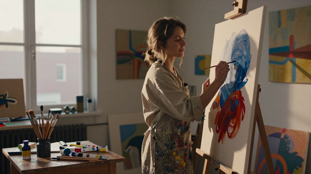 Mulher a pintar numa tela, num estúdio de arte, com luz suave entrando pela janela.