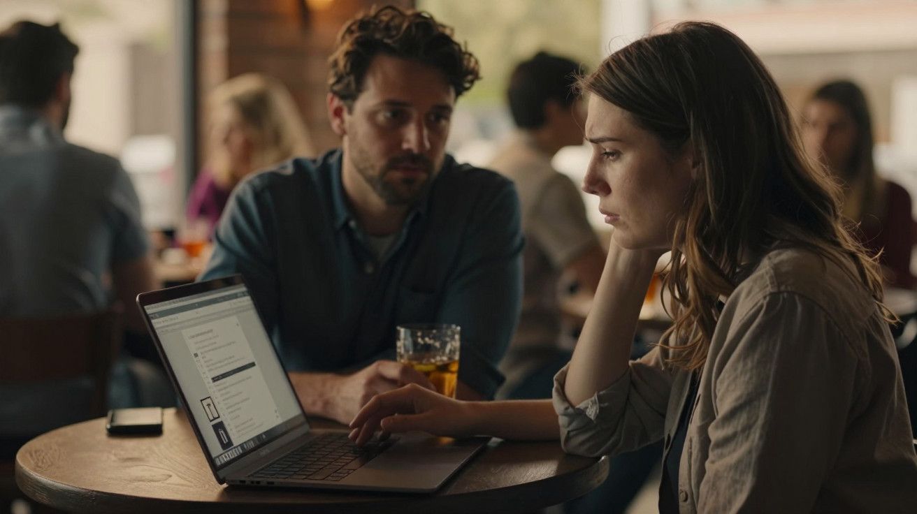 Mulher concentrada num portátil num café, com homem ao lado a segurar uma bebida.