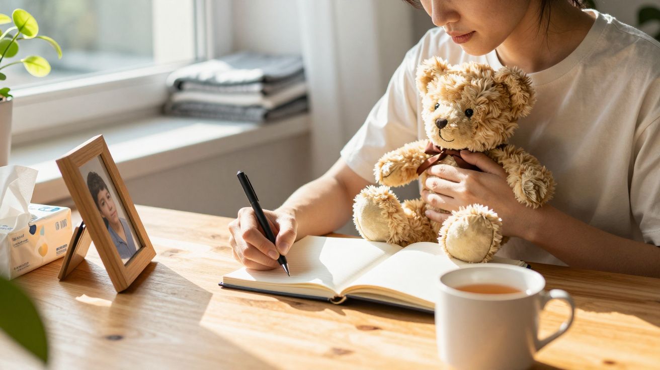 Mulher escreve num caderno, segurando um ursinho. Ao lado, chá, lenços, e uma foto numa moldura sobre a mesa.