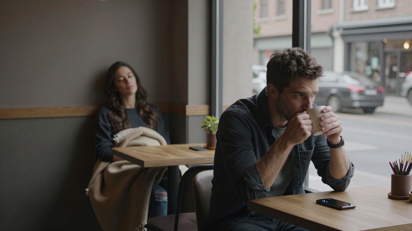 Homem sentado numa cafetaria a beber café, enquanto uma mulher dorme numa mesa atrás, junto à janela.