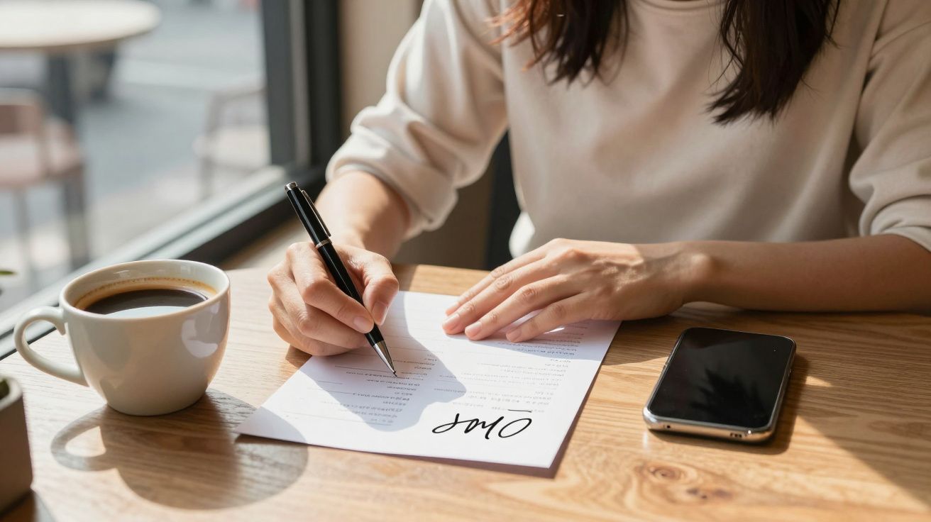 Pessoa a assinar papel numa mesa de madeira com café e telemóvel ao lado, junto a uma janela.