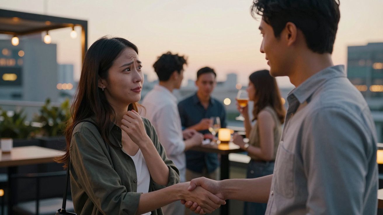 Mulher e homem apertam mãos num terraço ao entardecer, enquanto outras pessoas conversam ao fundo.