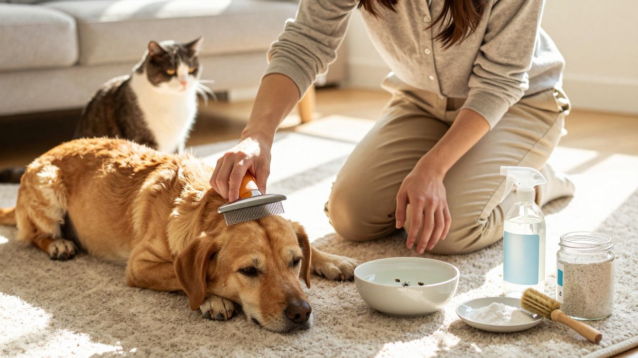 Pessoa a escovar um cão deitado no chão, com um gato ao fundo. Produtos de limpeza ao lado.