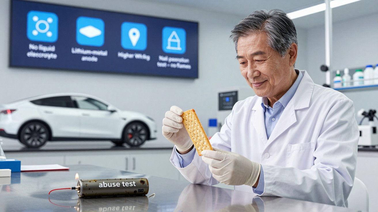 Cientista em laboratório testa material de bateria, com carro elétrico ao fundo e informações exibidas no ecrã.