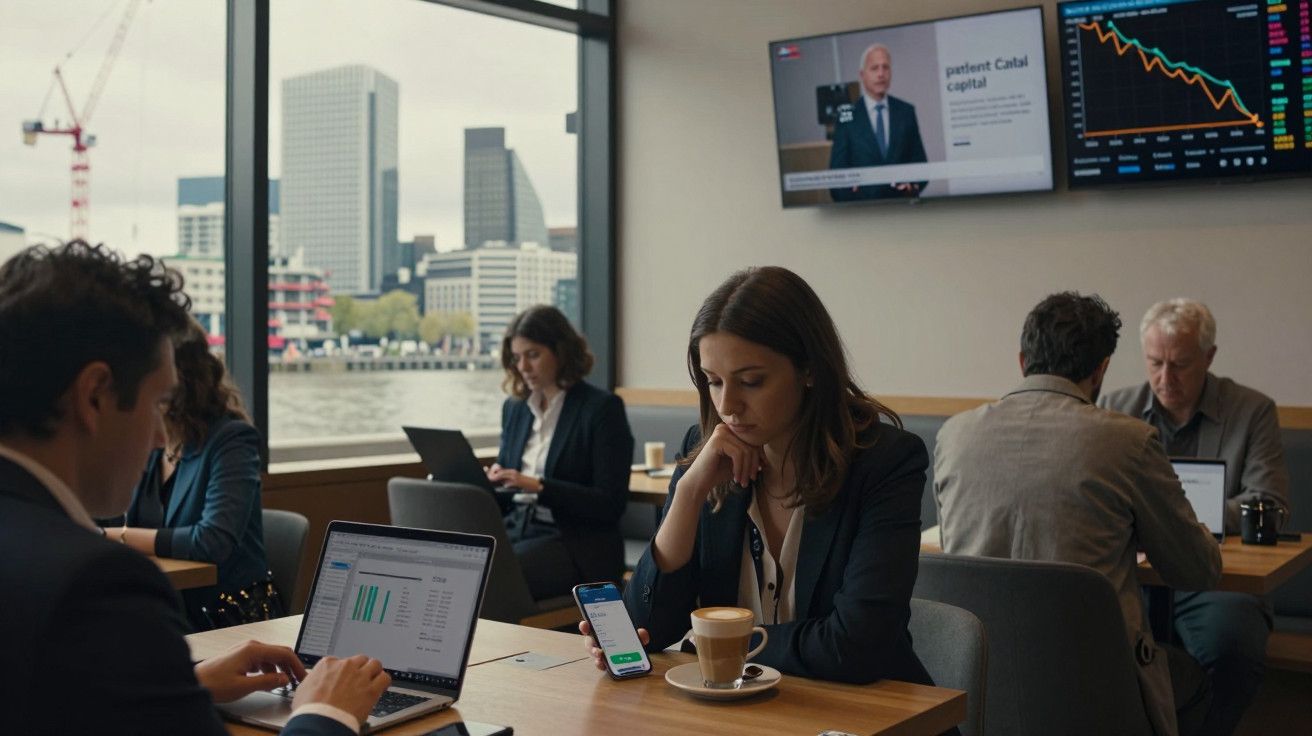 Café moderno com várias pessoas a trabalhar em laptops, ecrãs na parede mostram notícias financeiras e gráficos de ações.