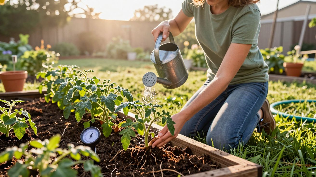 Pessoa rega plantas em horta urbana ao pôr do sol, usando um regador.