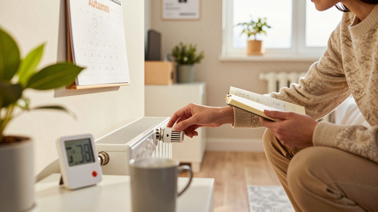 Pessoa ajusta o aquecedor segurando um livro em sala com planta, chávena, calendário e termómetro digital.