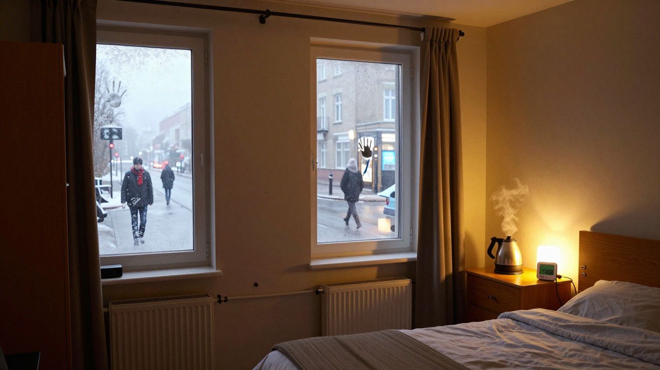 Quarto acolhedor com luz suave, janela com vista para rua nevada, pessoas a caminhar e marca de mão na janela.
