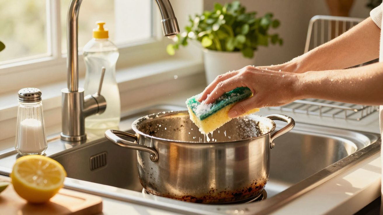 Mãos a lavar uma panela com uma esponja numa cozinha bem iluminada, com limão e sal no balcão.