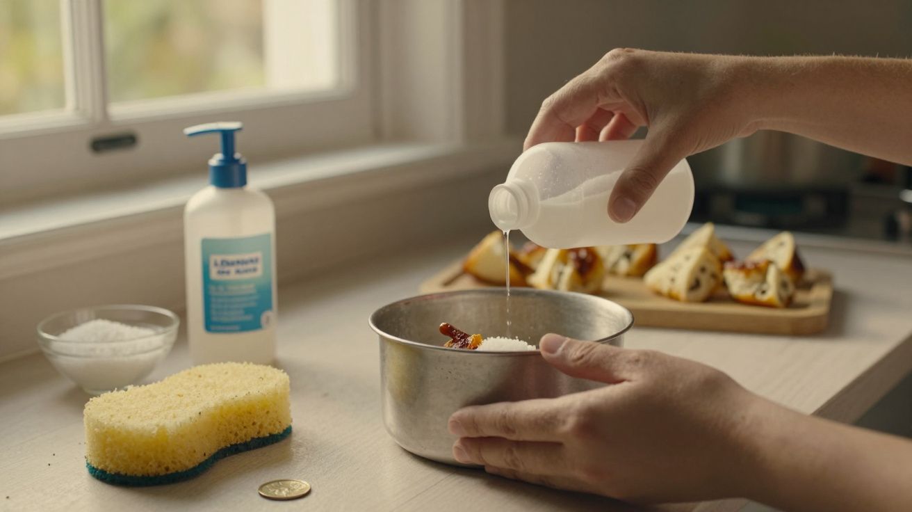 Mãos despejam líquido num recipiente, ao lado de uma esponja, moeda, e alimentos ao fundo numa cozinha iluminada.