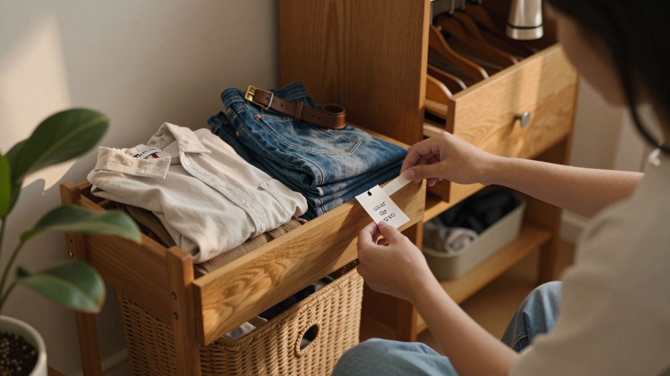 Pessoa arruma gaveta com camisola, jeans e cinto sobre mesa de madeira, tirando uma etiqueta. Planta ao lado.