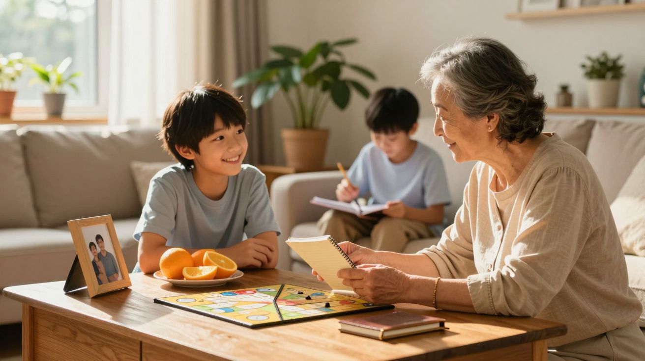 Avó e netos jogam e estudam na sala de estar iluminada, com plantas, laranjas e foto na mesa.