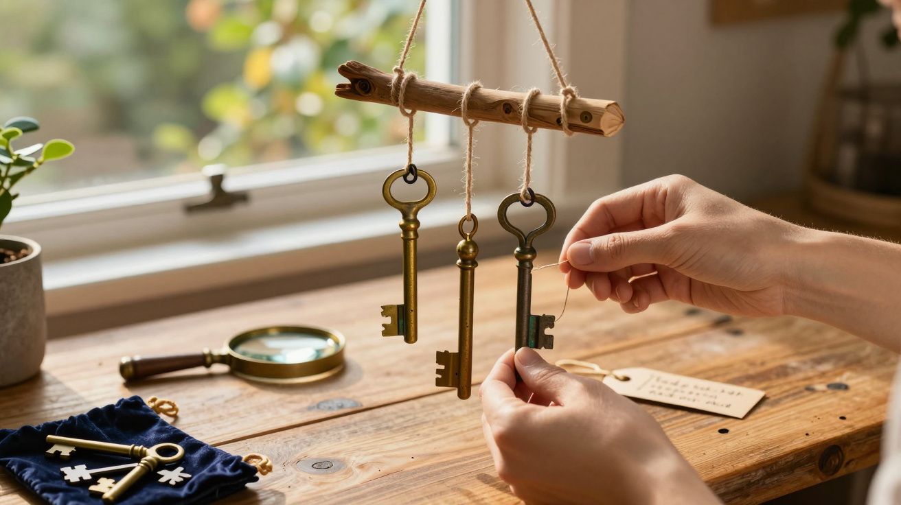 Mãos seguram quatro chaves antigas penduradas em madeira, com lupa e sacola de veludo em mesa de madeira ao fundo.