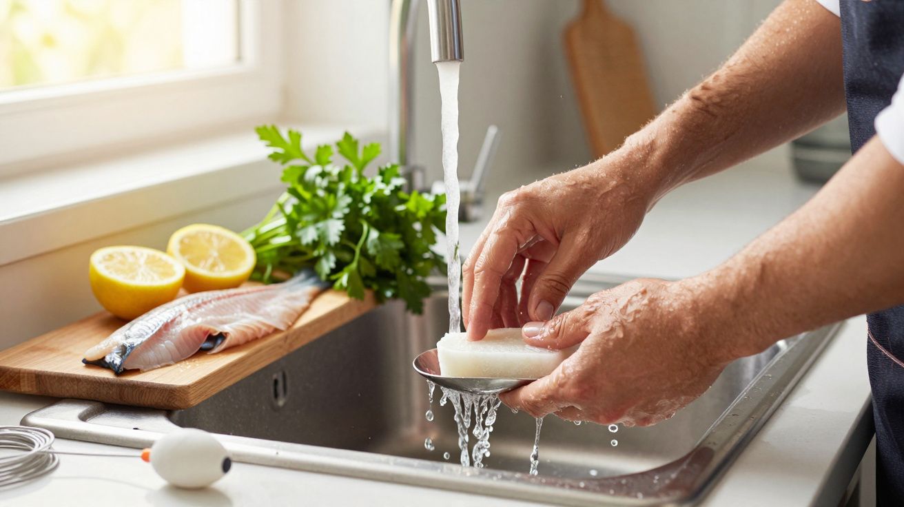 Mãos a lavar pratos na cozinha com peixes, limões e ervas ao lado da torneira.