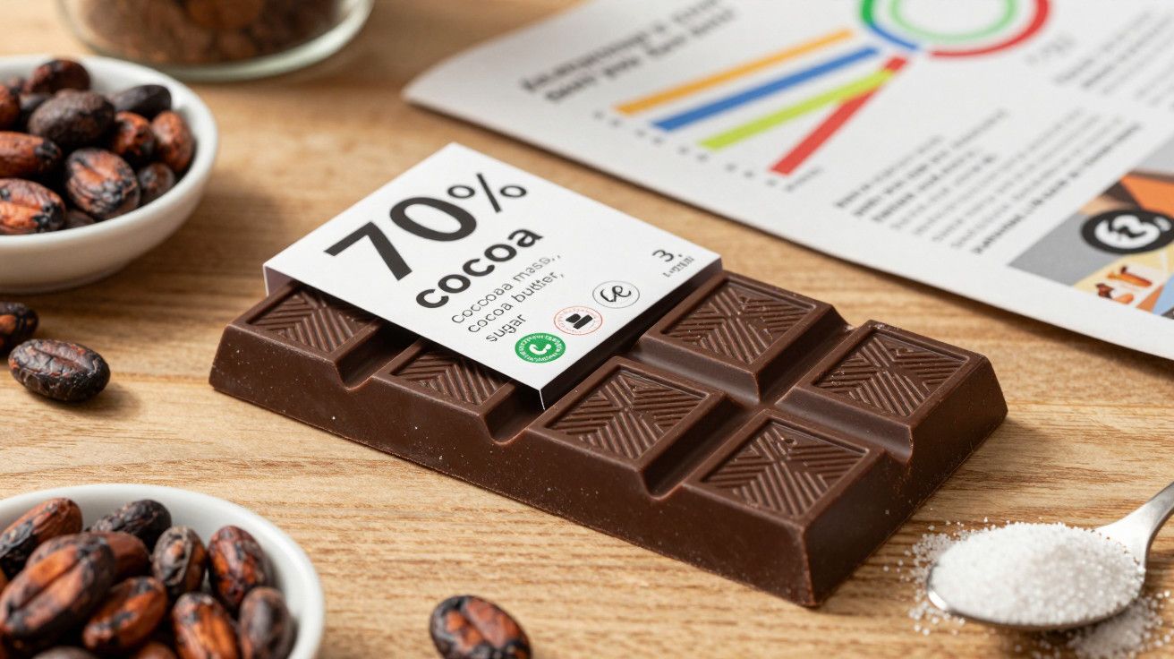 Barra de chocolate 70% cacau sobre mesa com grãos de cacau e colher de açúcar ao lado.