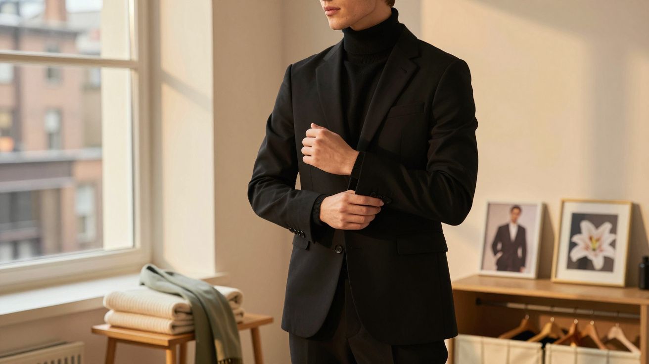 Homem em fato preto e gola alta ajusta a manga, de pé numa sala iluminada com janela e mesa ao fundo.