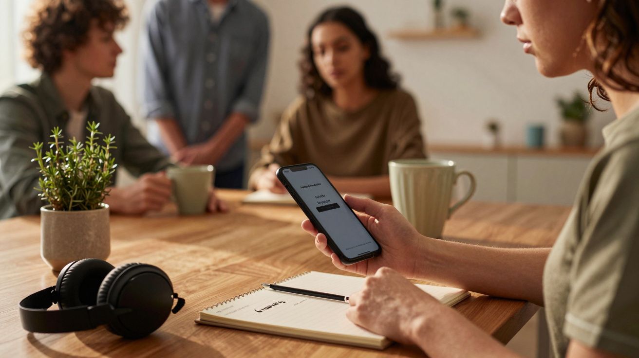 Mulher segura smartphone, sentada à mesa com três pessoas e caderno; auriculares e planta presentes.