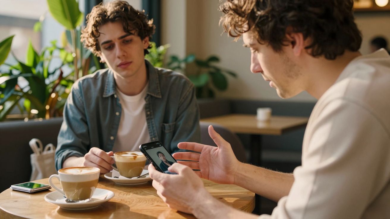 Dois homens conversam numa cafetaria enquanto tomam café, um deles segura um telemóvel.