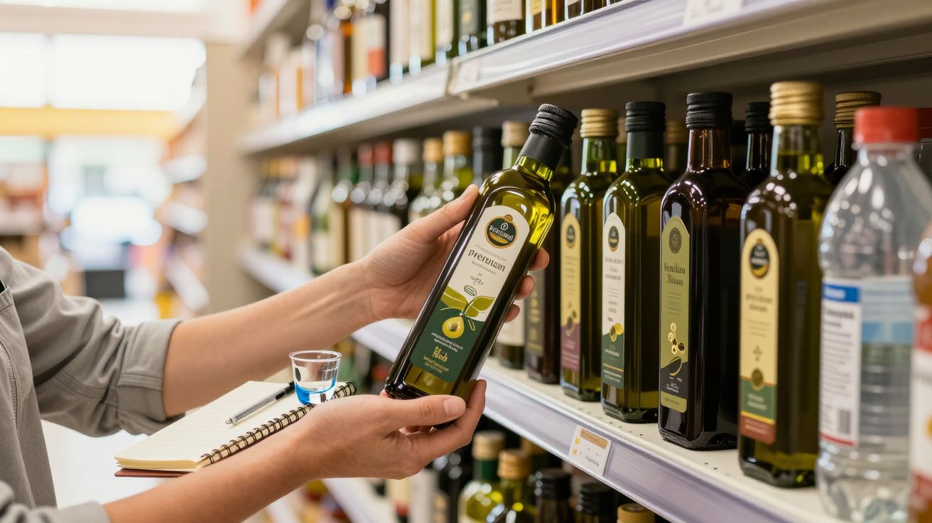 Pessoa a segurar garrafa de azeite numa prateleira de supermercado.