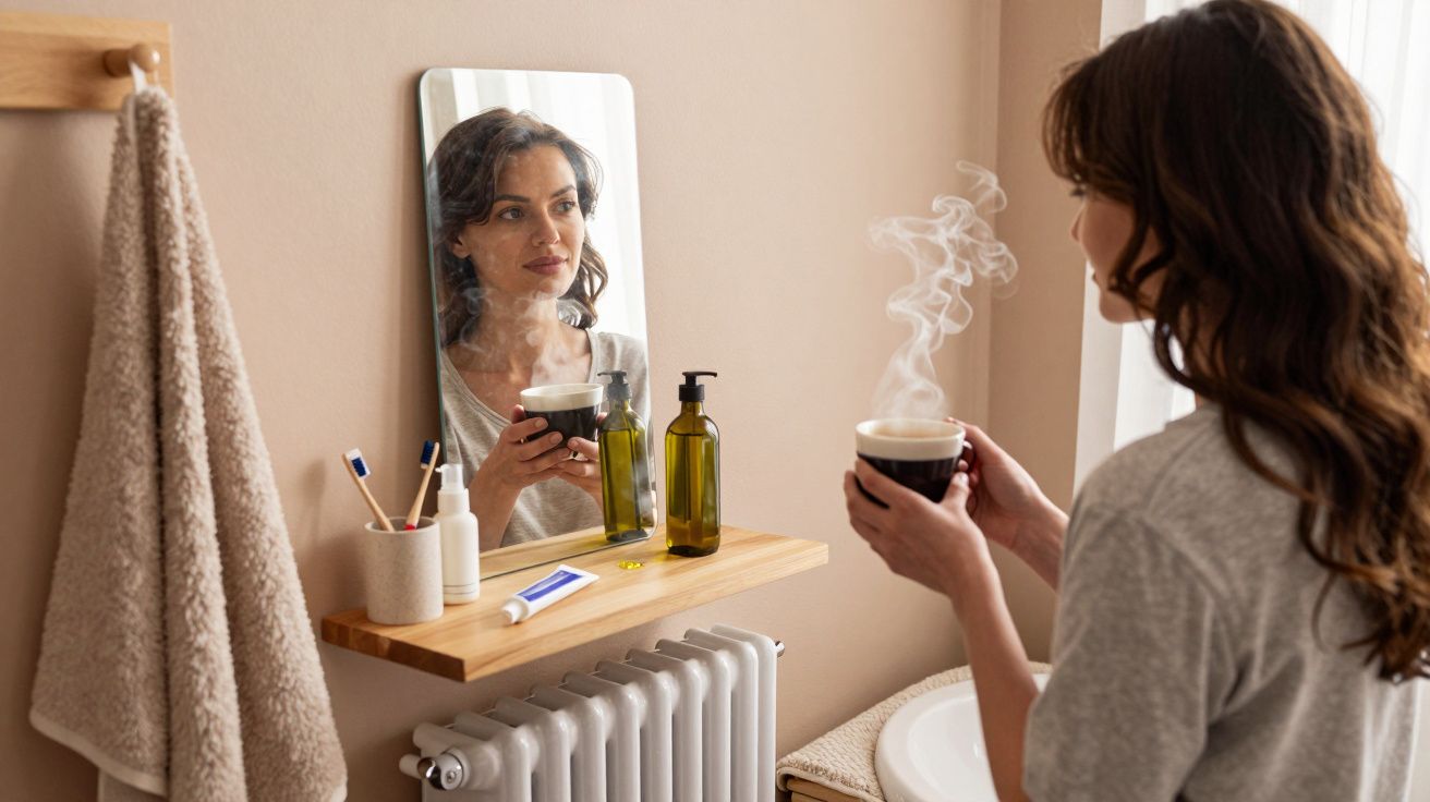 Mulher segurando chá quente, olhando-se ao espelho numa casa de banho com toalha e escova de dentes na prateleira.