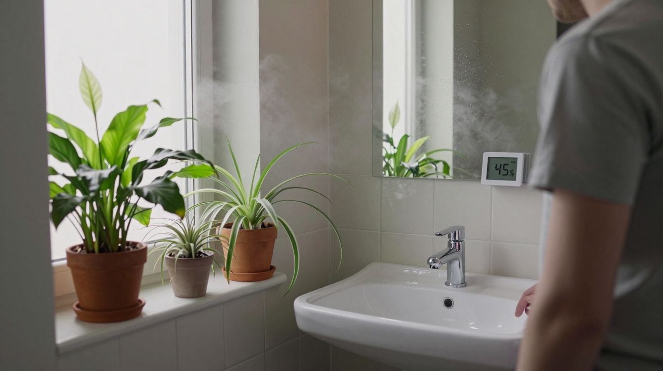 Casa de banho com plantas junto à janela, lavatório branco, espelho e medidor de humidade que mostra 45%.